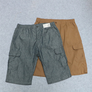 宽松短裤 出口日单男夏季 松紧腰宽松休闲5分裤 五分裤 棉麻多兜工装
