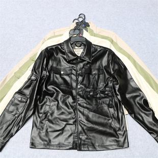 欧美单春秋款皮尤翻领夹克简约时尚男女情侣多兜PU机车服工装外套