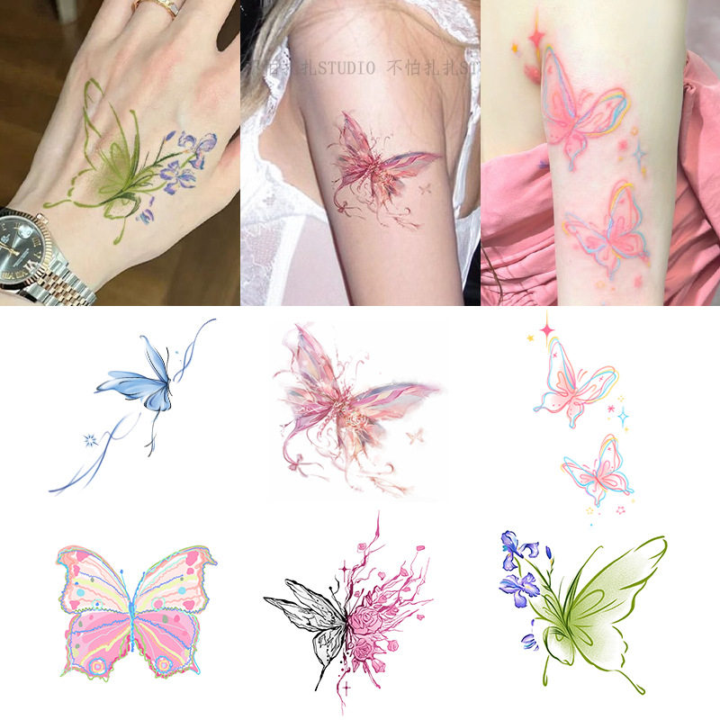 新款高颜值彩色蝴蝶纹身贴防水持久女纯欲风手臂锁骨腰部仿真刺青