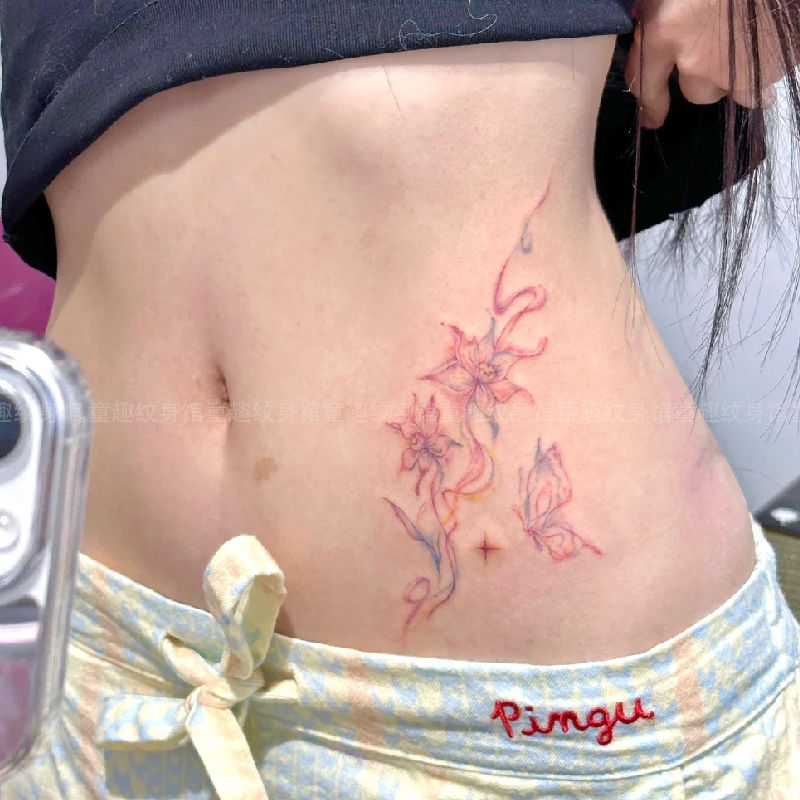 水仙花蝴蝶彩色纹身贴纸性感腰部手臂持久防水甜酷清新辣妹高颜值