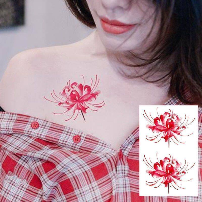 原创彼岸花纹身贴防水 女 持久仿真遮疤性感曼珠沙华锁骨纹身贴纸