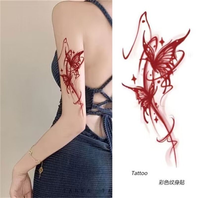 红色蝴蝶纹身贴防水女持久花臂遮盖张极同款彩色蝴蝶性感遮盖感