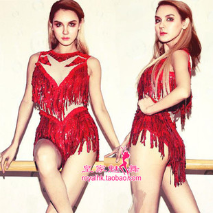 女歌手演出服新款dj舞台服ds爵士舞蹈服大气红色超闪亮片流苏连体