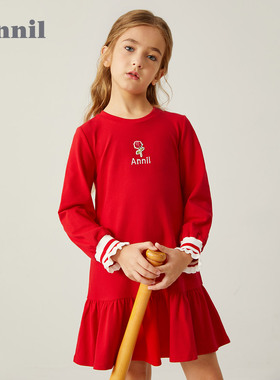 安奈儿童装女童长袖卫衣连衣裙春秋款圆领荷叶边下摆裙韩版甜美
