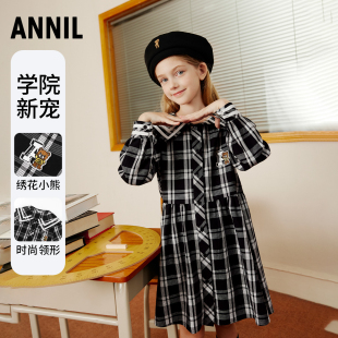 安奈儿童装 2023秋新款 格子学院风甜美时尚 A字裙子 女童连衣裙长袖
