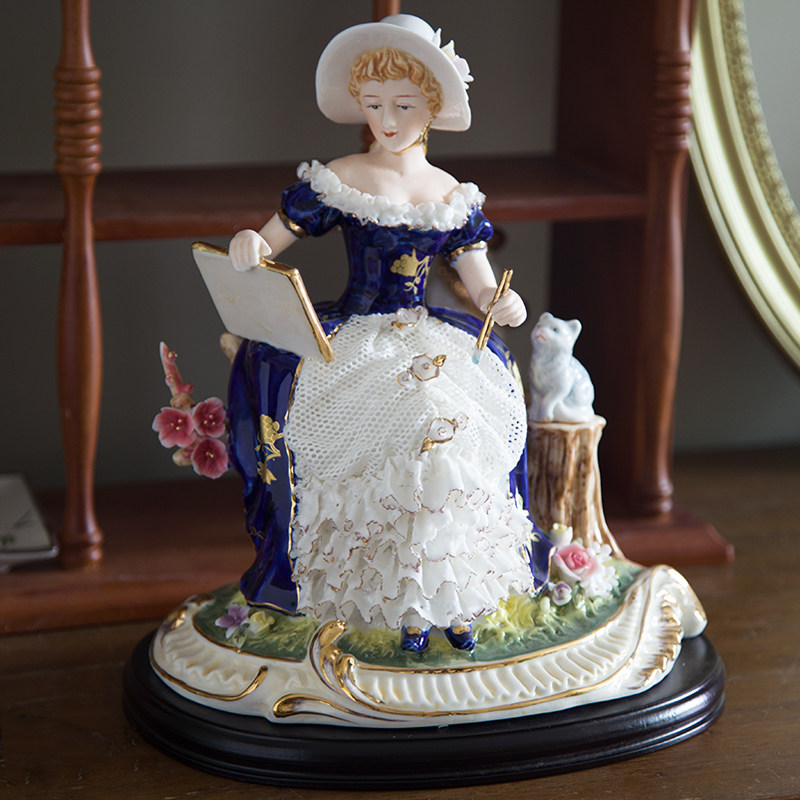 贵族女孩画画人物蓝色蕾丝裙瓷偶瓷器娃娃法式装饰西洋陶瓷摆件