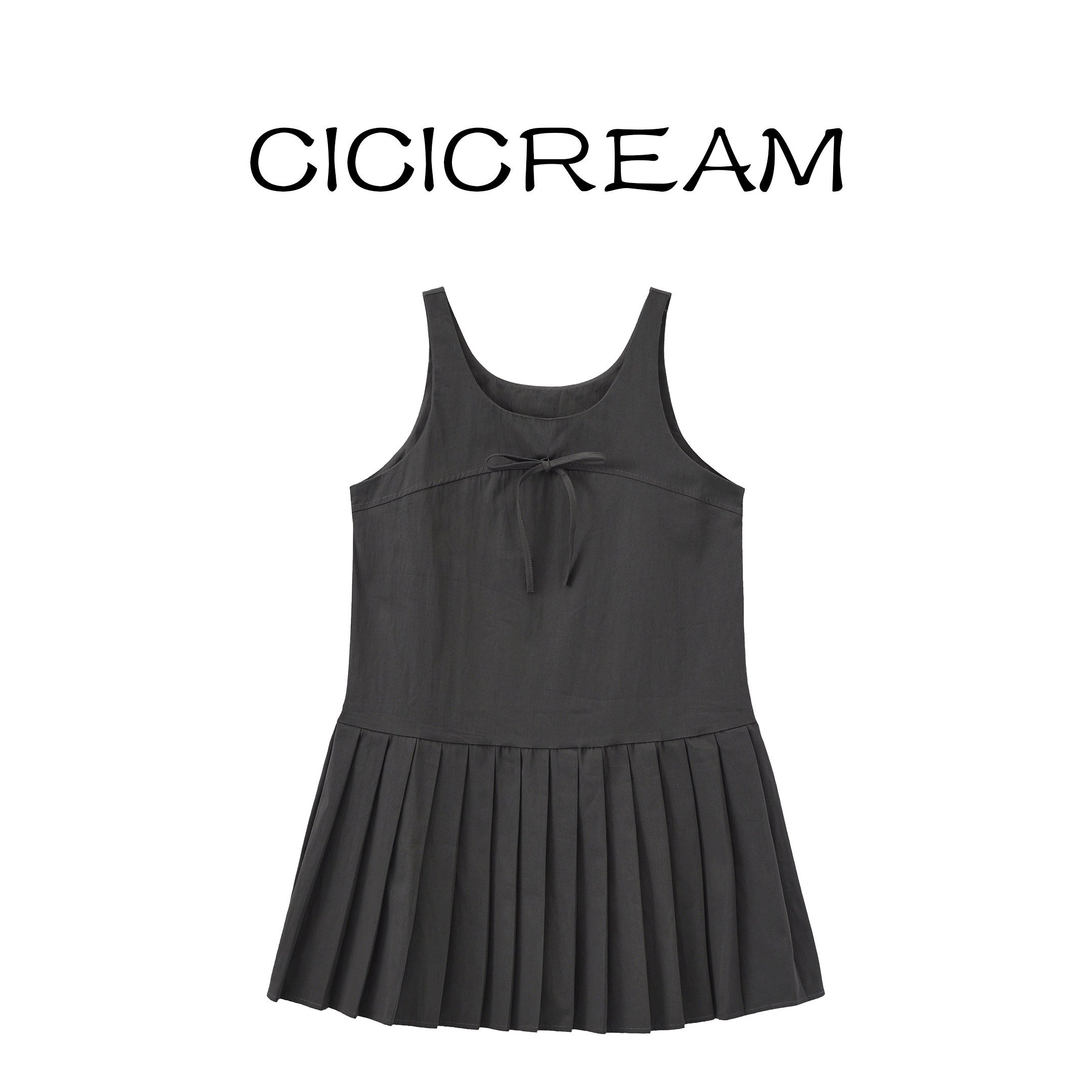 cicicream 韩系甜美减龄蝴蝶结圆领无袖背心百褶裙学院风连衣裙女