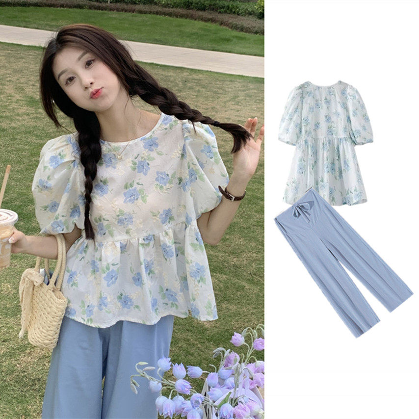 MATERNITY SUMMER SUIT PUFF SLEEVE HEAVY WORK FLORAL EMBROIDERY ROUND NECK TOP SHORT SLEEVE SHIRT MIDI LENGTH TWO-PIECE SET
