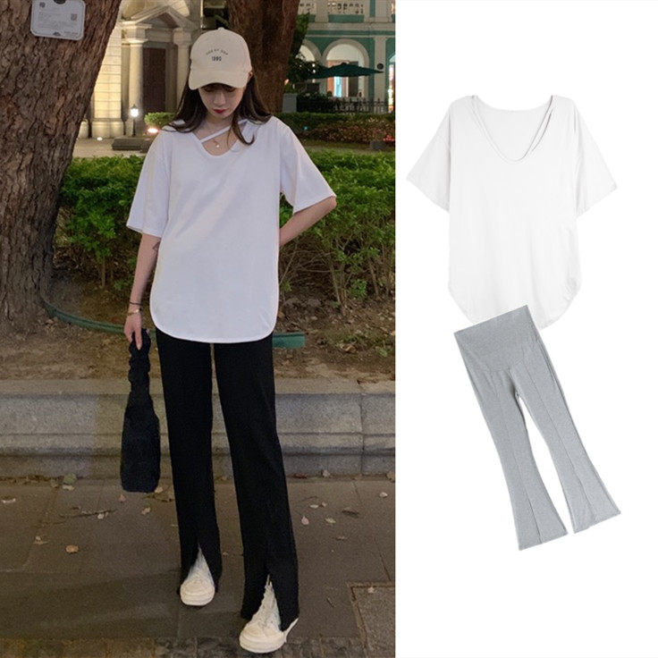 MATERNITY SUMMER SUITS FASHIONABLE SLIT SHORT SLEEVE T-SHIRTS MID-LENGTH TOPS KOREAN VERSION OF THE BELLY TROUSERS TWO-PIECE TREND