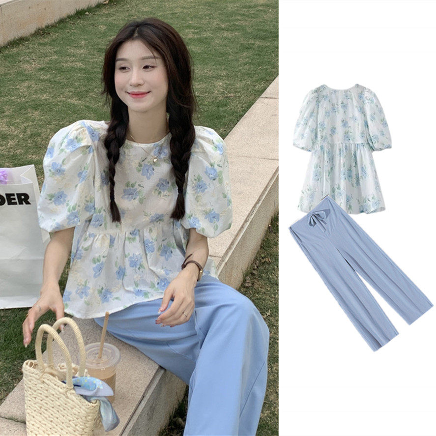 MATERNITY SUMMER SUIT PUFF SLEEVE HEAVY WORK FLORAL EMBROIDERY ROUND NECK TOP SHORT SLEEVE SHIRT MIDI LENGTH TWO-PIECE SET