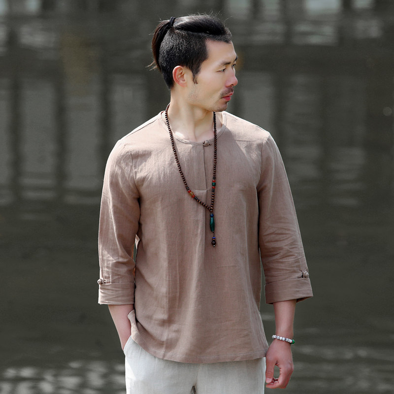 春夏唐装中国风亚麻t恤男装宽松大码七分短袖棉麻上衣服复古麻布