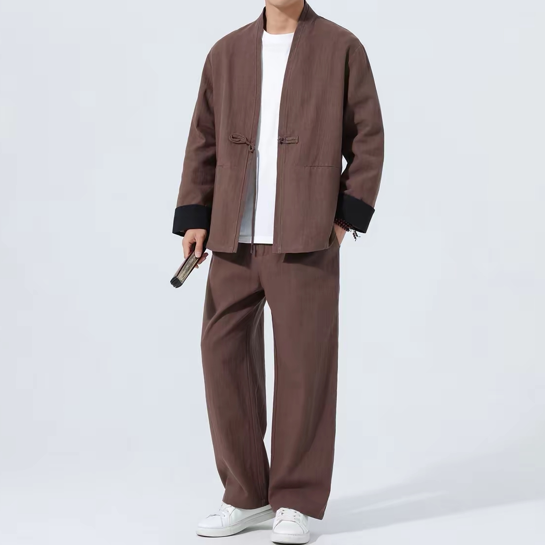 春秋中国风男装亚麻套装中式唐装汉服棉麻外套两件套禅意茶服禅服