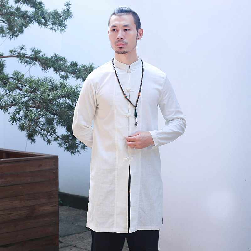 意乎禅服中国风长袖亚麻衬衫男士中长款唐装中式棉麻禅意居士茶服