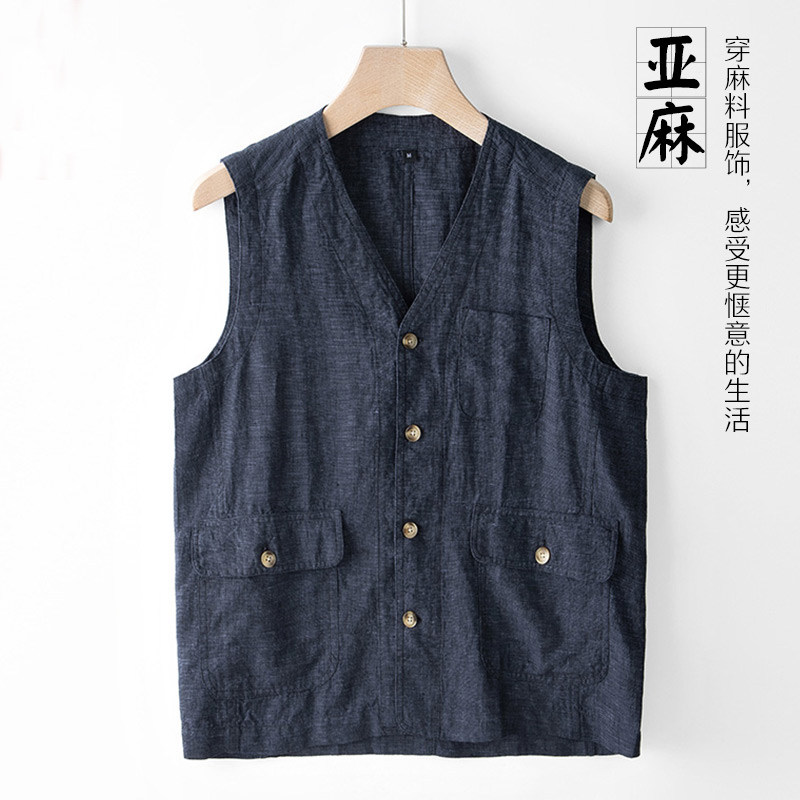 2023夏季亚麻V领马甲男休闲大码坎肩色织背心轻薄舒适多口袋上衣