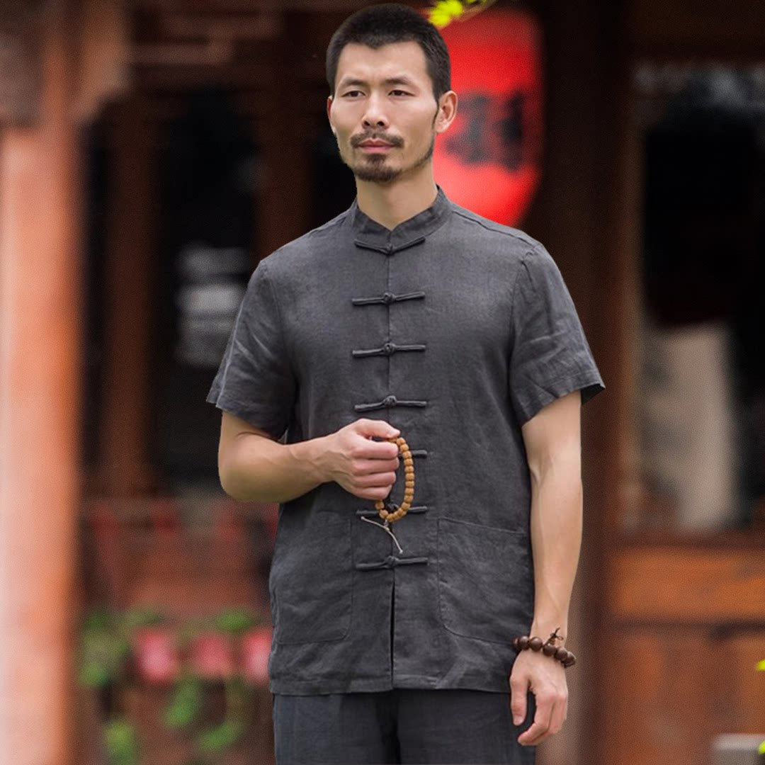 高端纯亚麻套装男士唐装衬衫宽松中国风男装短袖中式盘扣居士茶服