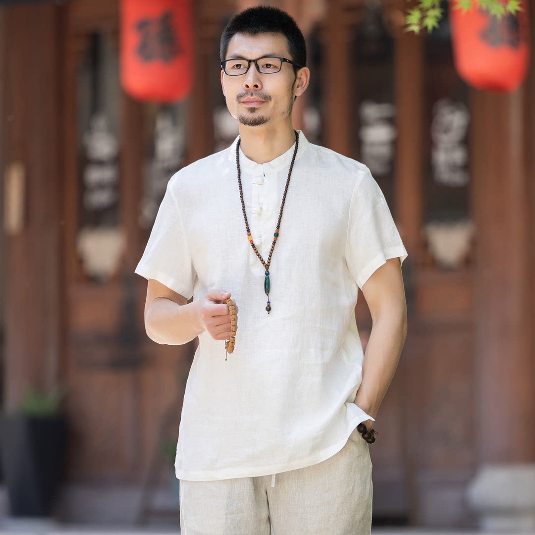 纯亚麻T恤男士唐装中国风夏季短袖中式男装棉麻料上衣宽松茶禅服