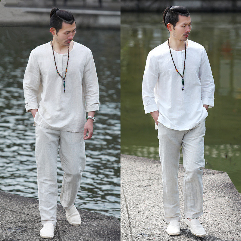 夏季中国风男装七分袖亚麻套装男士唐装复古中式棉麻居士茶服宽松