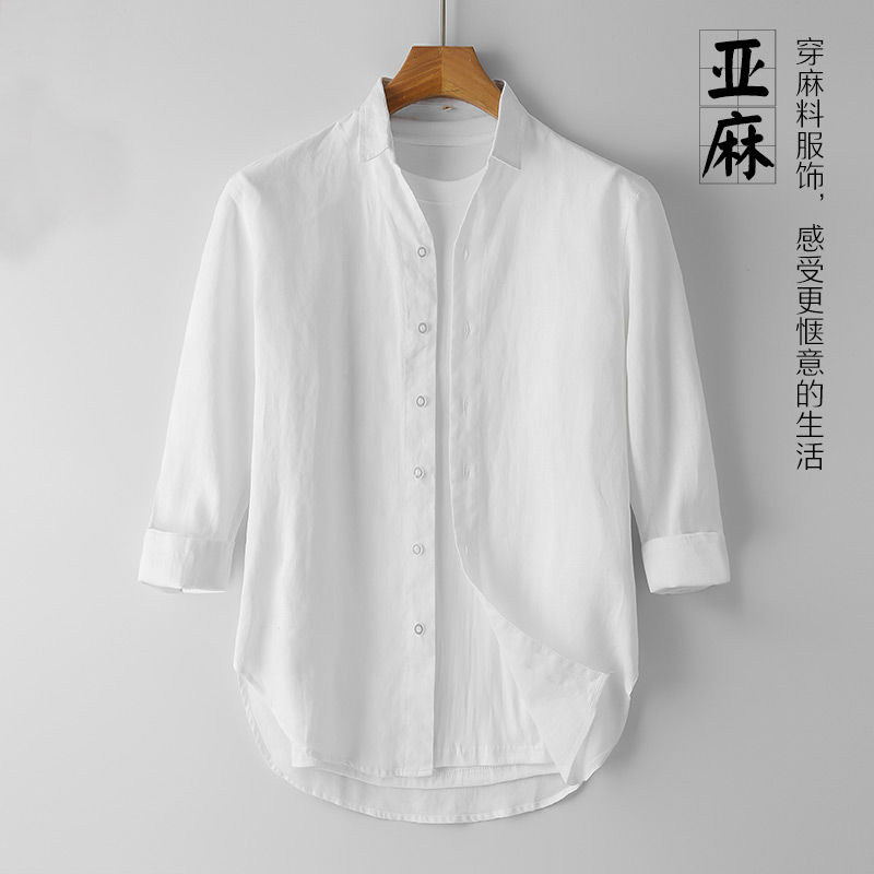 纯亚麻七分袖衬衫薄款男士宽松旅游度假百搭麻料中袖衬衣中国风