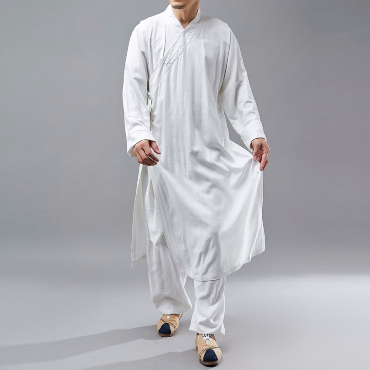 中国风汉服男士长款斜襟道袍禅意亚麻居士禅修服武当太极道士服装