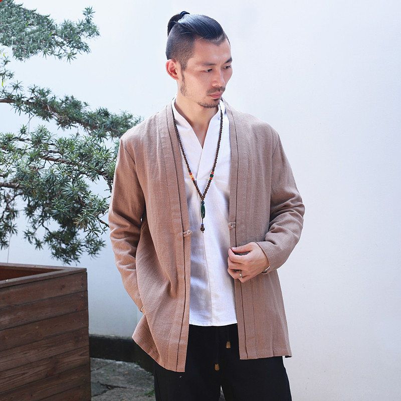 春秋汉服外套中国风男装长袖棉麻唐装复古风道袍中式开衫亚麻上衣