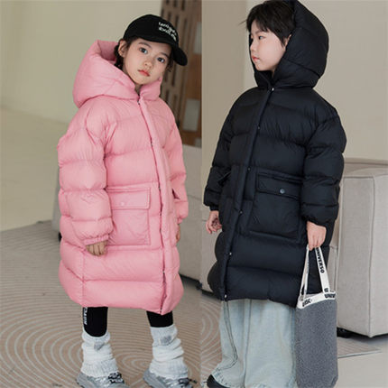 儿童羽绒服2024新款洋气男童女童中长款加厚白鸭绒过膝加长款外套