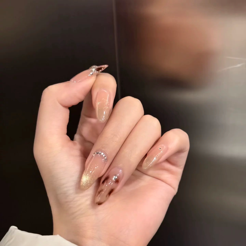 纯手工穿戴甲爆闪指甲成品可拆卸穿戴甲显白豹纹棕色简约法式美甲