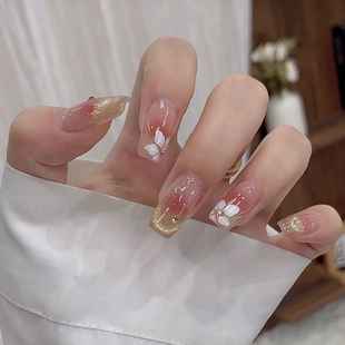 手工穿戴甲手绘花朵猫眼长岛冰茶山茶花显白气质新中式美甲贴片