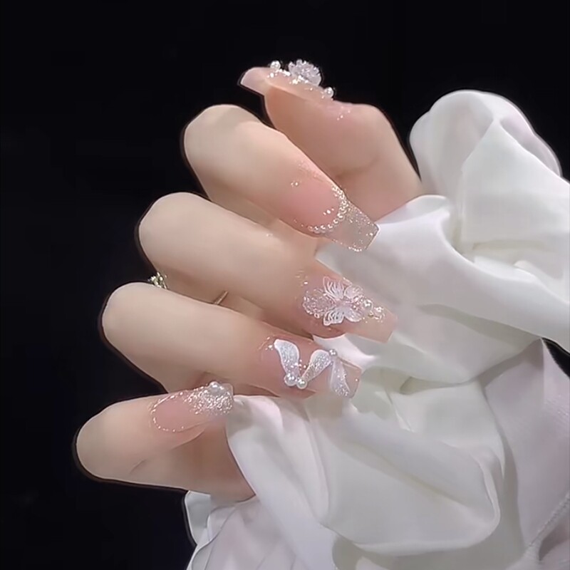 手作穿戴甲显白高级感蝴蝶飘带婚纱照新娘美甲贴片成品手工定制