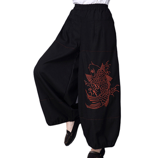 包邮 宽松大码 民族风复古绣花棉麻灯笼裤 女 休闲阔腿裤 松紧腰长裤