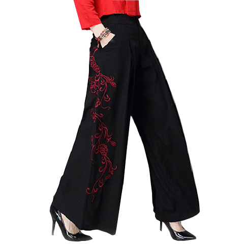 中国风松紧腰青花刺绣长裤