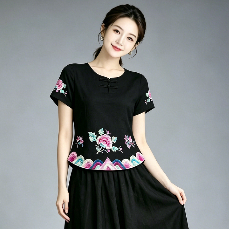 夏装民族风圆领盘扣修身复古绣花短袖T恤 新中式纯棉上衣打底衫女