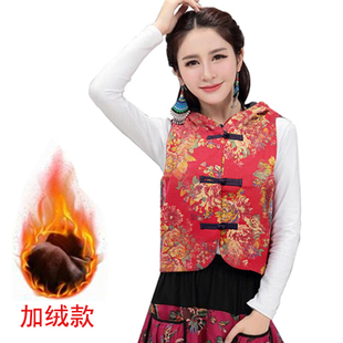 外套 秋冬民族风马甲女棉麻加绒背心马夹复古盘扣连帽百搭短款 包邮