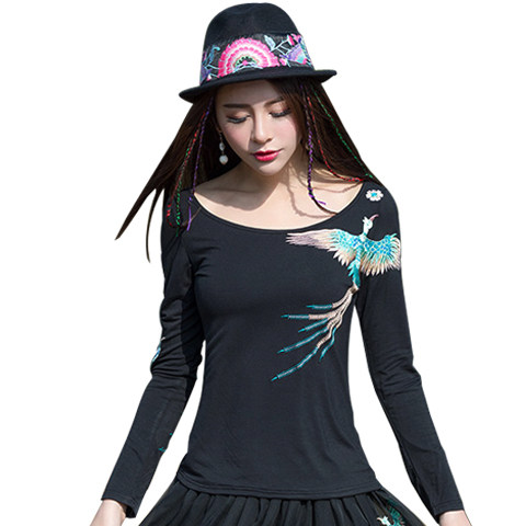 包邮春秋民族风修身凤凰绣花长袖T恤女 圆领高弹力棉上衣打底衫