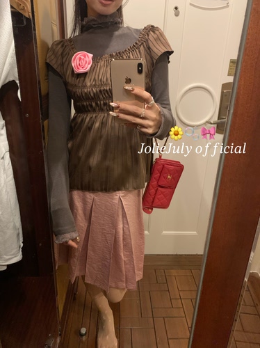 JolieJuly韩国正品 丝绸甜美芭蕾粉松紧腰百褶裙