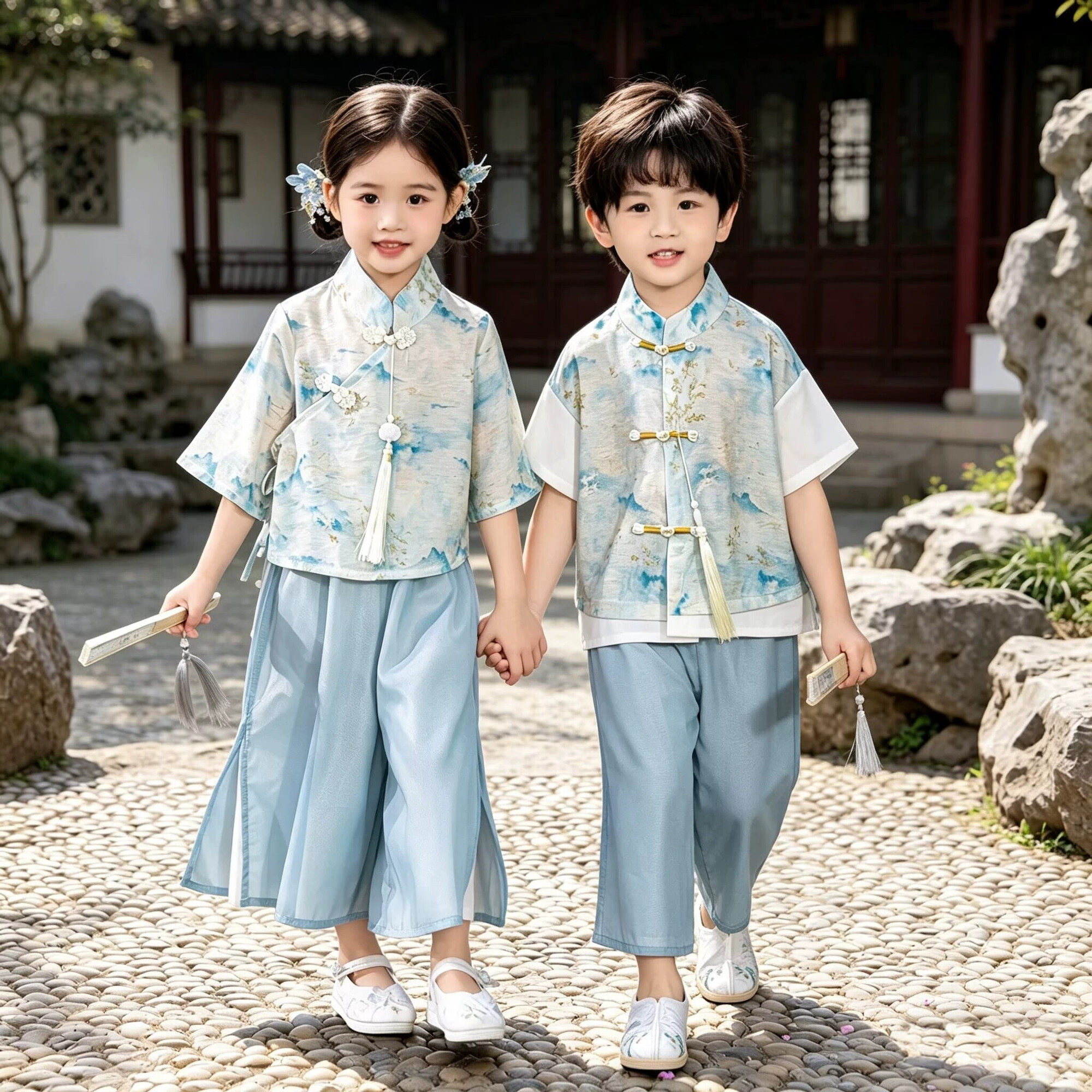 新中式儿童汉服唐装男女童夏季古风日常套装幼儿园国风古筝演出服