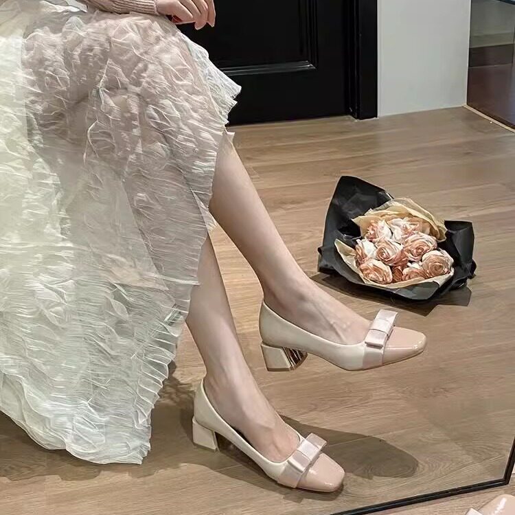 法式气质单鞋女2025新款春秋中跟粗跟晚晚方头皮鞋女款玛丽珍女鞋