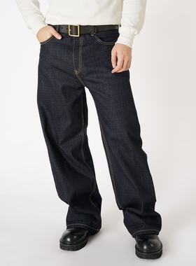 维托摩瑞复古阿美咔叽阔腿牛仔裤12OZ黑牡丹丹宁竹节宽松脱浆原牛