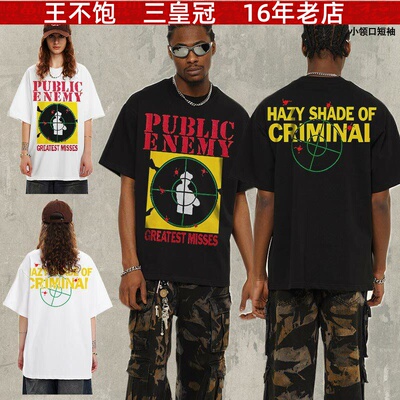 王不饱精选 跨境2025Public Enemy春夏美式t恤透气印花重磅短袖