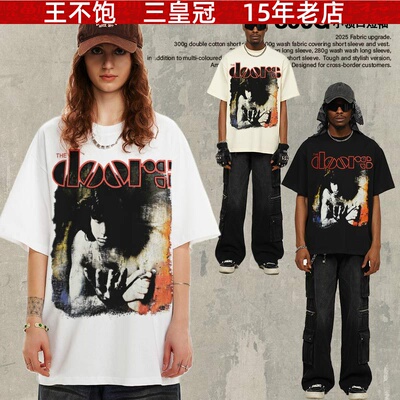 王不饱精选 The Doors 大门摇滚复古直喷印花小领口短袖男纯棉T恤