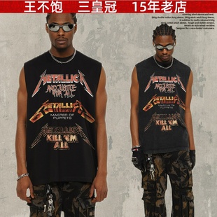 王不饱精选 Metallica艺术字母美式复古摇滚t恤坎肩背心宽松
