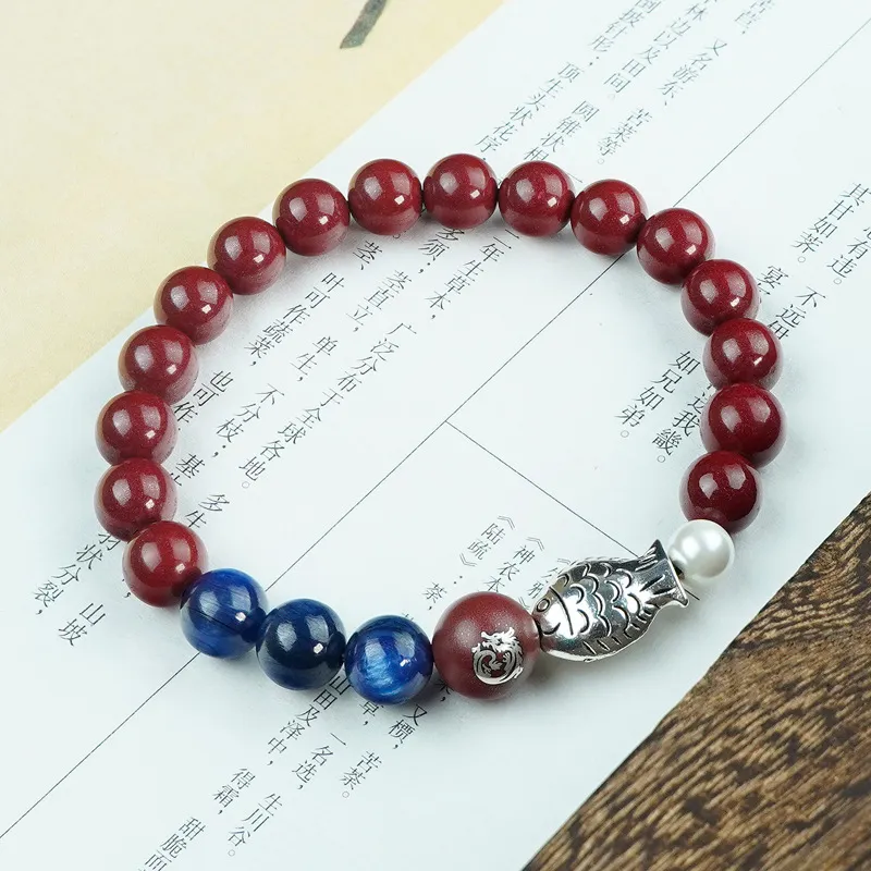 朱砂手链女十二生肖珠八大守护神手串鱼化龙挂饰马上有钱银饰品