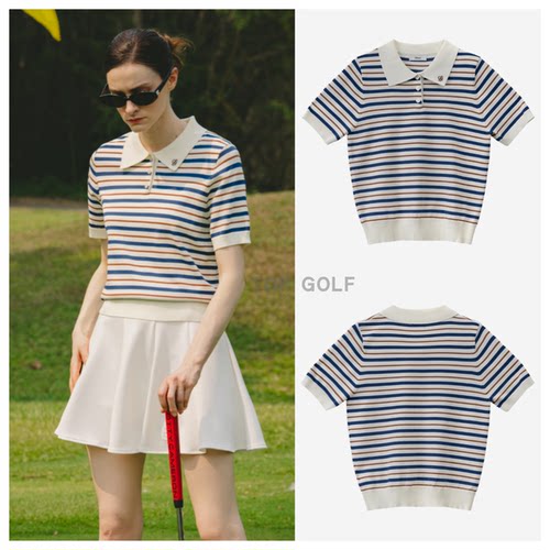 韩国代购 ober golf  高尔夫上衣 26夏女翻领弹力条纹针织短袖T恤