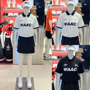 韩国代购 WAAC 高尔夫服装 26秋女士翻领图案宽松字母配色短袖T恤