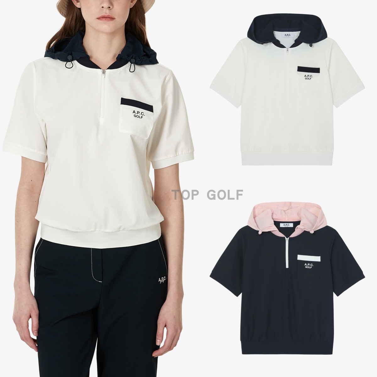 韩国代购APC GOLF高尔夫服装 25夏女连帽半拉链拼色休闲短袖T恤