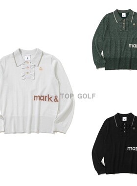 韩国代购MARK LONA高尔夫服装 25秋女翻领系扣宽松字标长袖针织衫