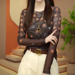 欧货印花网纱上衣高级感女长袖t恤2025新款爆款秋季洋气打底小衫