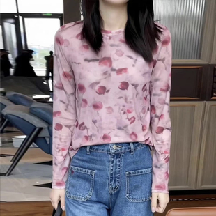 胖妹妹减龄遮肉显瘦打底衫 大码 上衣 T恤女秋季 洋气双层网纱长袖