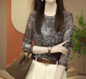女长袖 t恤秋季 新款 印花网纱打底小衫 高级感时尚 洋气肌肤弹力上衣