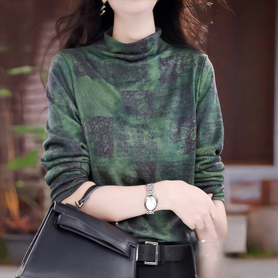 印花德绒打底衫女士妈妈款春秋冬装加绒保暖小衫欧货内搭长袖上衣