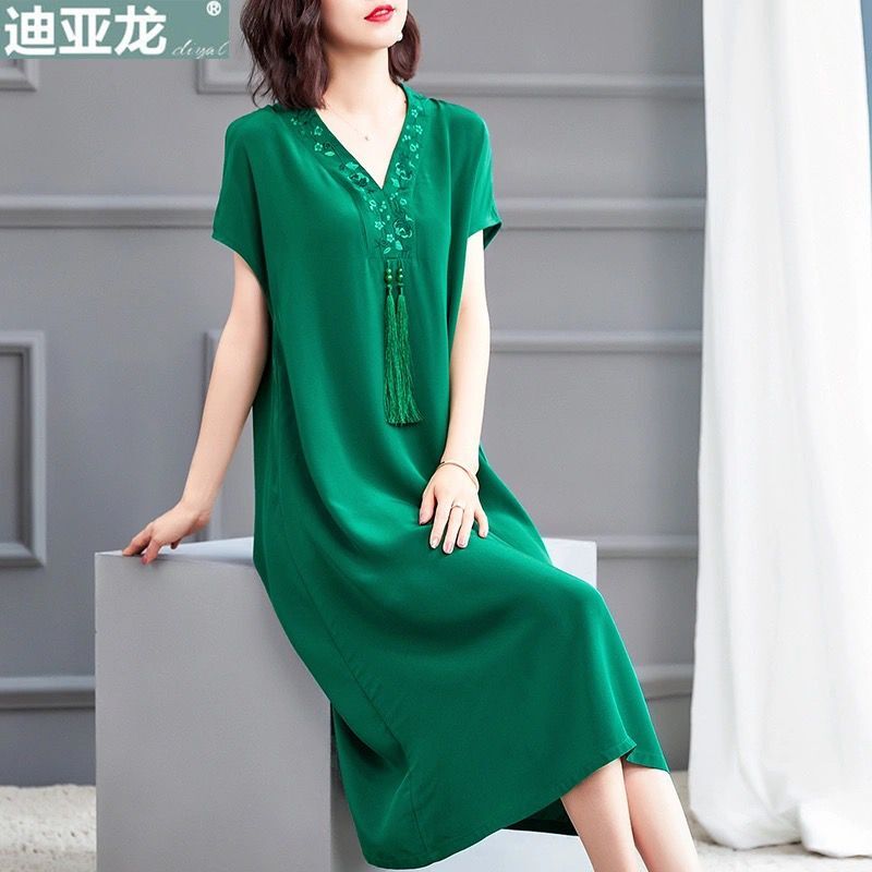 Large size dress women's summer 2021 relaxed retro national style green skirt